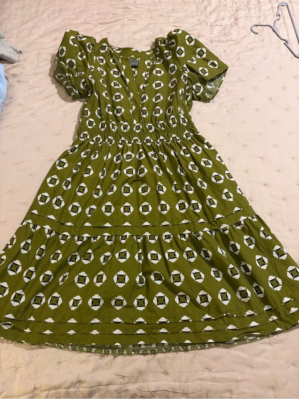 Anthropologie Olive Green Geometric-Print Midi Dress